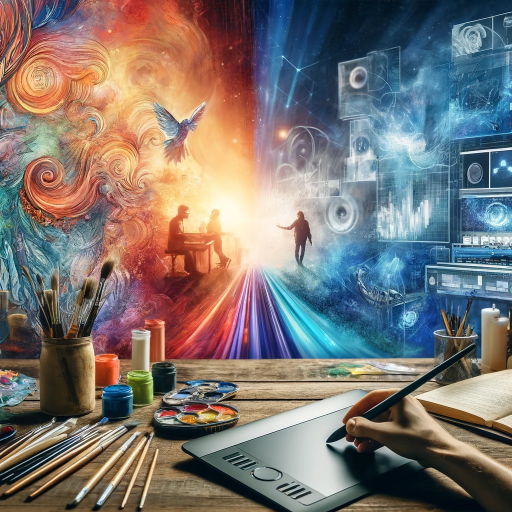 A dynamic workspace depicting the fusion of traditional and modern digital creativity. On the left, an artist sketches on a traditional canvas surrounded by brushes and paint palettes. This scene transitions to the right where another artist uses a graphic tablet for digital painting. In the background, various screens display digital creative works, including music production software, an open e-book, and a video editing interface. The scene is vibrant, filled with light and color, symbolizing limitless possibilities in the digital age.